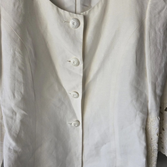 $240 Nipon Boutique Linen Blend Blazer Jacket Women 6 Lace Flare Sleeve Eyelet - Picture 5 of 14